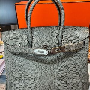 Gray green Lizard-Embossed Leather Top-Handle Bag 30cm with strap